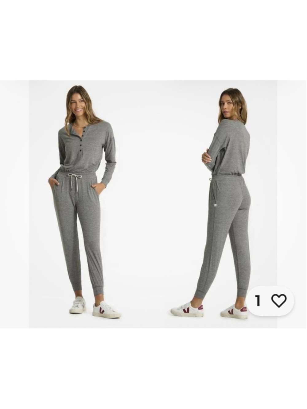 Vuori Womens Lux Henley Jumpsuit Heathered Gray Small